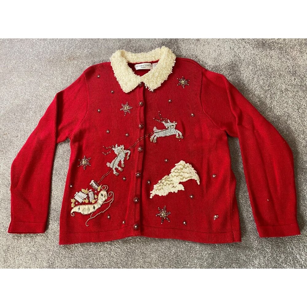 Victoria Jones Red Christmas Cardigan Sweater Sherpa Collar Beads Medium Petite